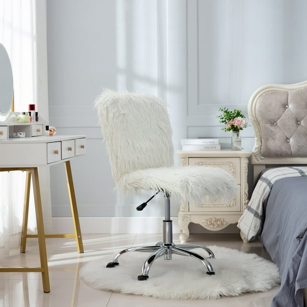 Mefine Vanity Armless Office Chair, Makeup Vanity Fluffy Chair,White