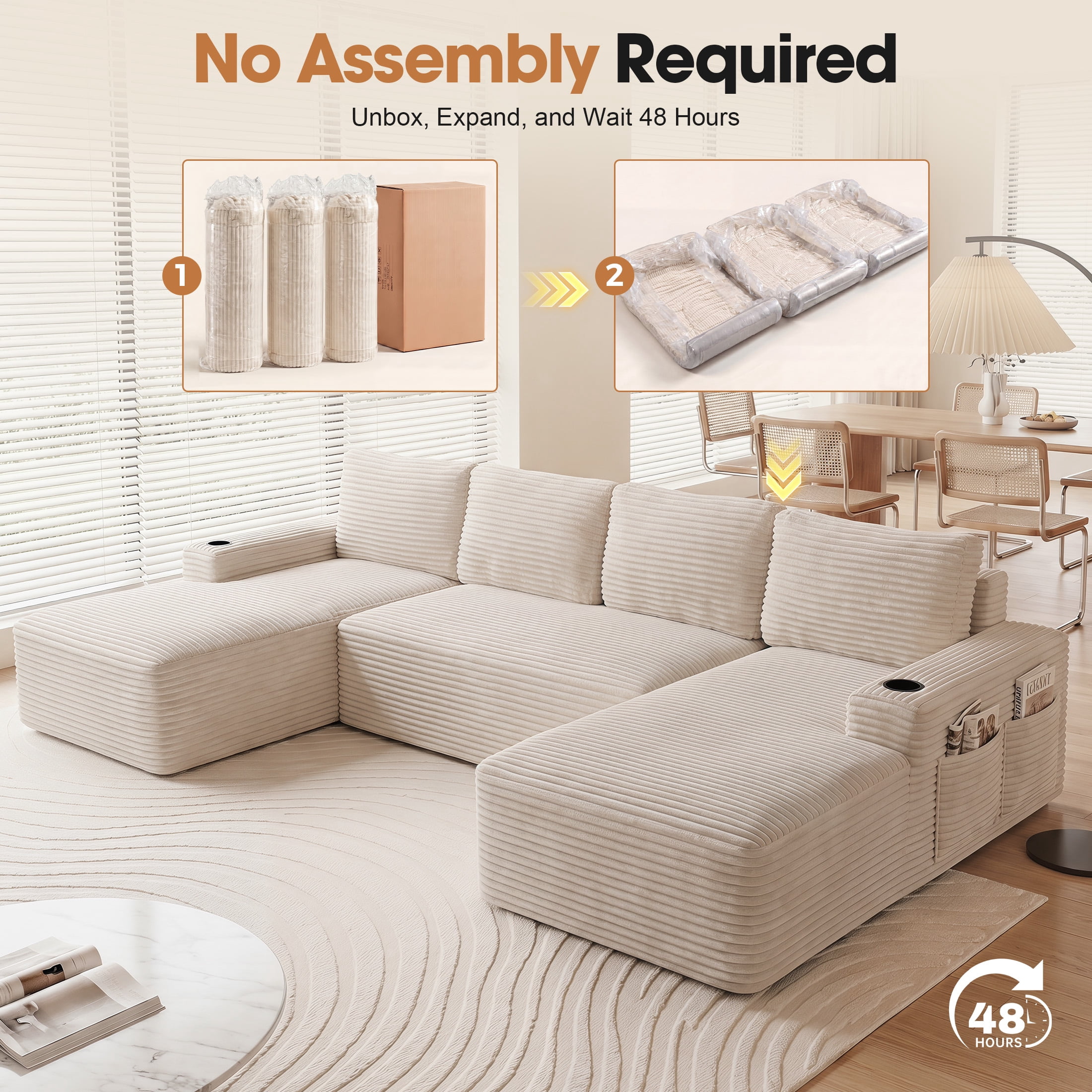 Aenkyo 133 in U-Shaped Cloud Corduroy Sectional Sofa with Cup Holders for Living Room, Cream