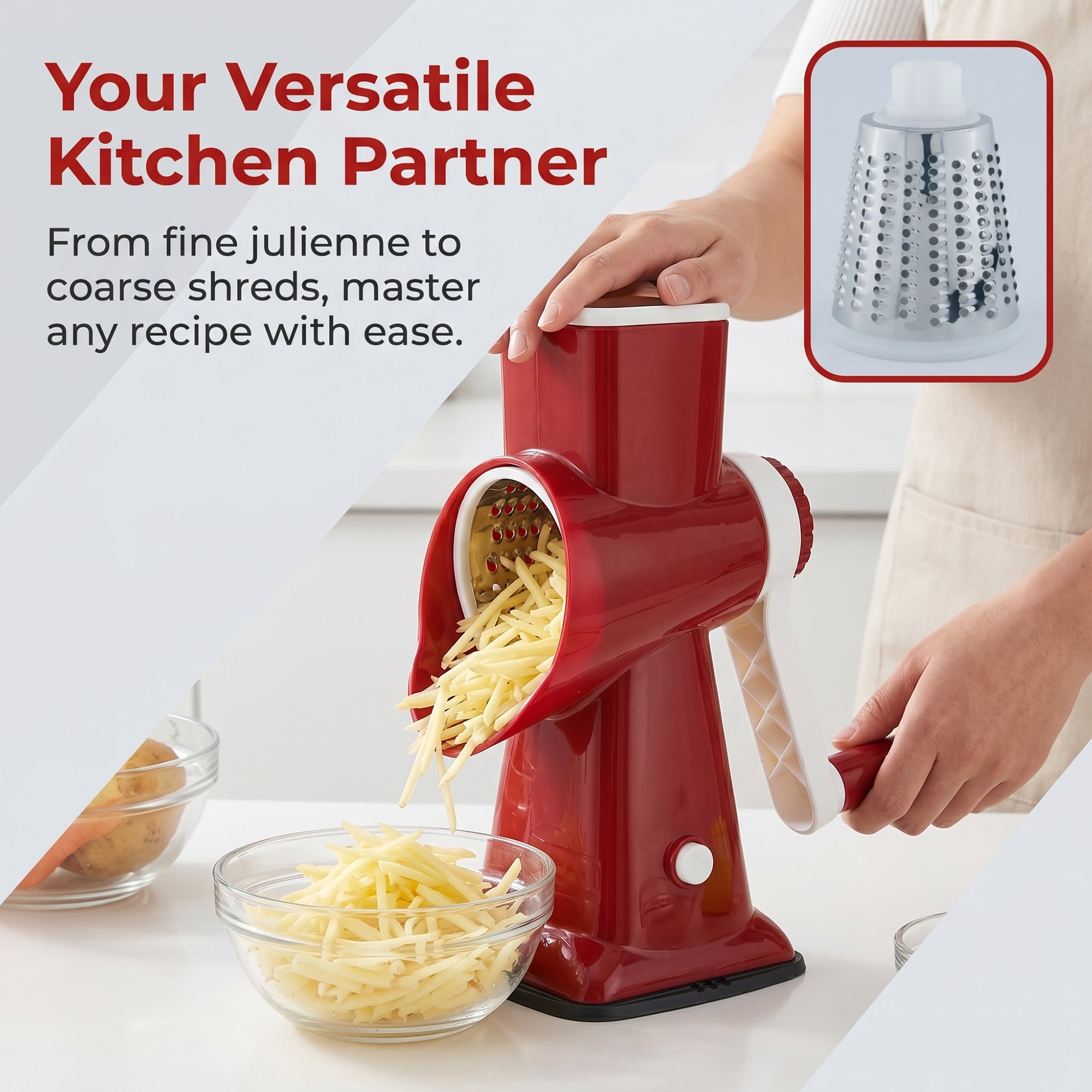 Unique Bargains 3-in-1 Rotary Vegetable Manual Slicer with Drums Red 6.3x4.3x9.2in