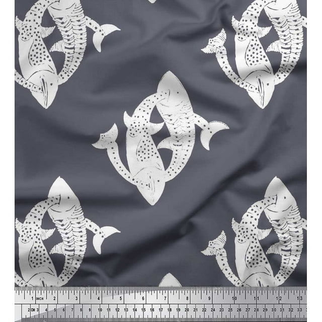 Soimoi Rayon Fabric Fish Block Printed Fabric 1 Yard 56 Inch Wide