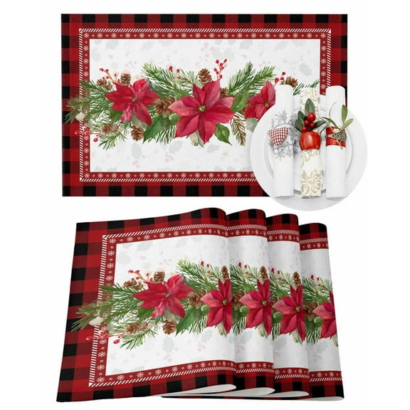Christmas Placemats Set of 6, Pine Cones Poinsettia Place Mats Berry Holly Leaves Plaid Placemat Table Decoration for Kitchen Table Dinner Xmas Holiday Party Home Decor Indoor Outdoor 13x19 Inch