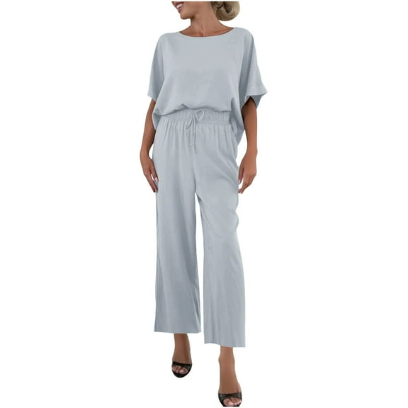 Women Two Piece Set Fashion Women Short Sleeve and Long Pants Casual 2pc Sets with Pockets