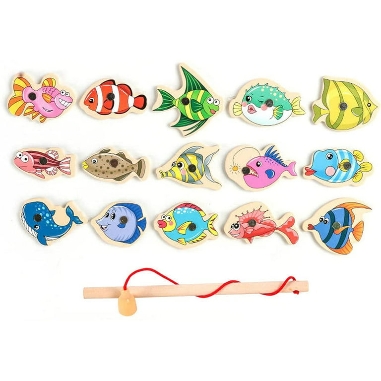 Adifare Magnetic Fishing Game Toys Set with Fish Rod Wooden Magnetic  Fishing Game Pool Toys Cartoon Marine Life Cognition Fish Rod Toys for Kids