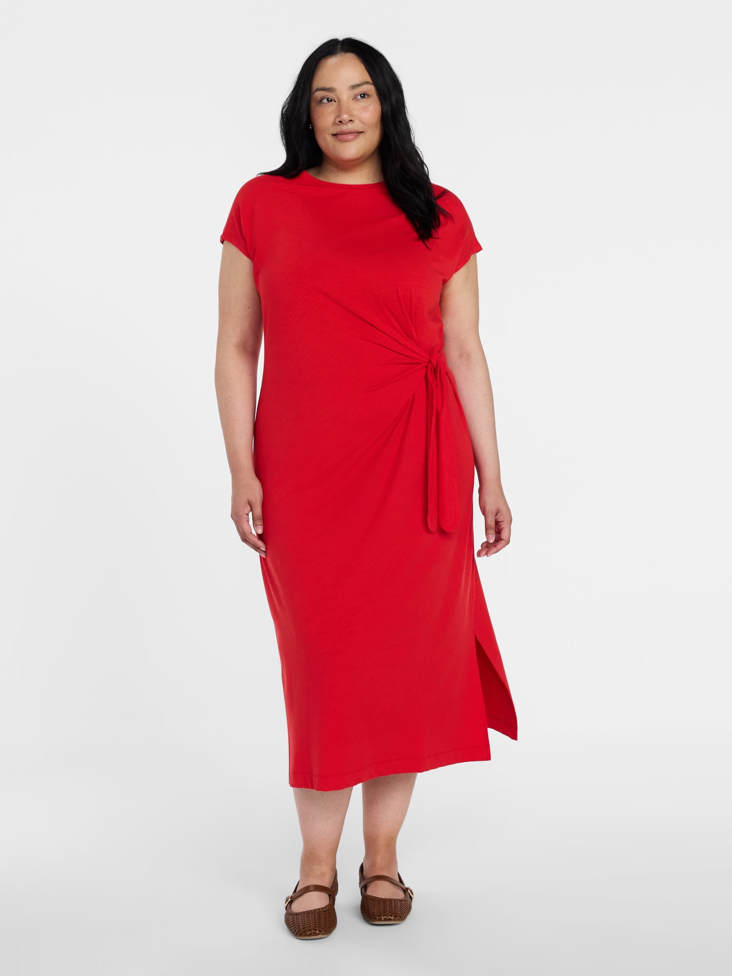 Time and Tru Women's and Women's Plus Side Tie Midi Dress with Dolman Sleeves, Sizes XS-4X