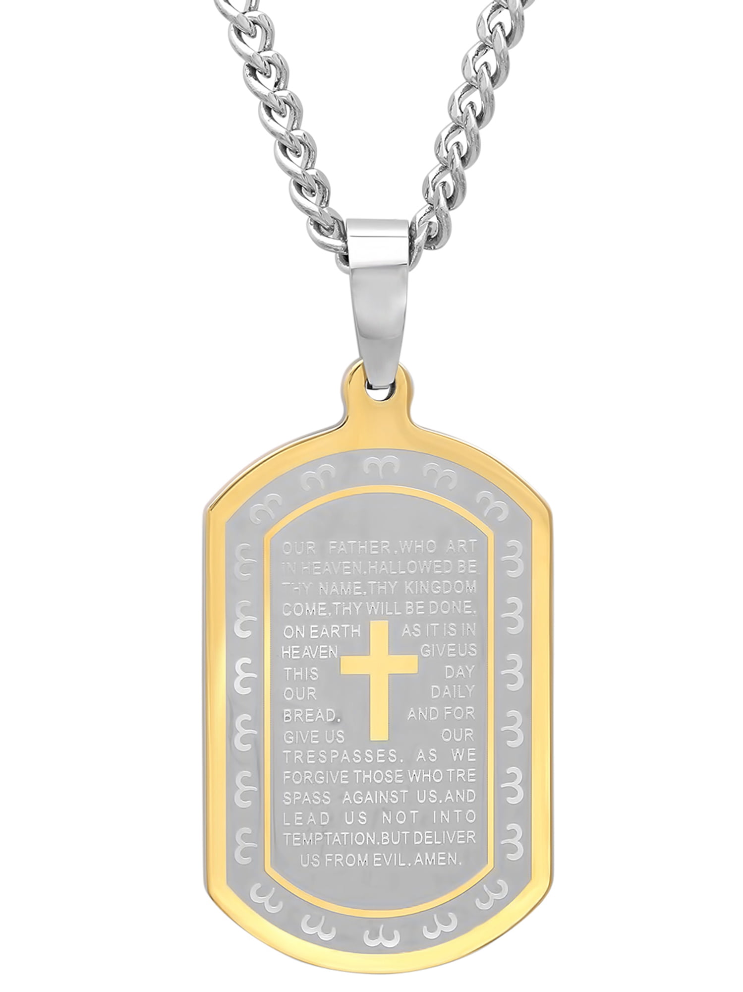 BLAKE Stainless Steel Dog Tag Cross Necklace for Men Boys Lord’s Prayer/Bible Verse Pendant with Wheat Chain 24 Inches P