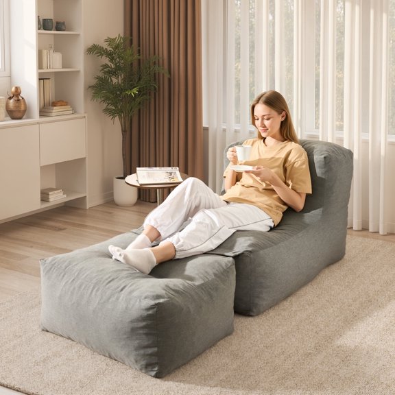XIZZI Oversized Bean Bag Chair with Ottoman for Adults, Multi-Scene Indoor Outdoor Chaise Lounge, Sturdy UV & Water Resistant Beanbag Sofa Supports 330 LBS, Gray