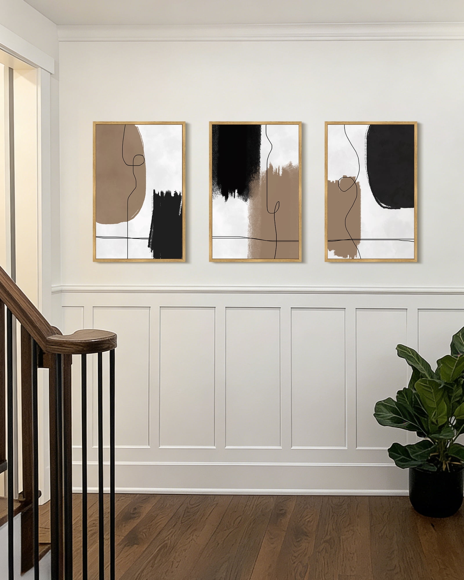 SHENIFY Large 24x36in3pcs Natural Framed Neutral Abstract Wall Art Beige Mid Century Textured Wall Decor Minimalist Line Modern Illustrations Art Print Home Decor
