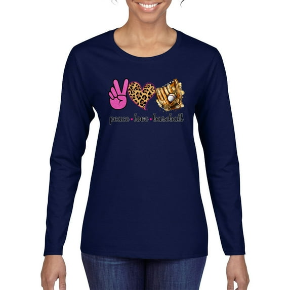 Peace Love Baseball Sports Womens Graphic Long Sleeve T-Shirt, Navy, XX-Large