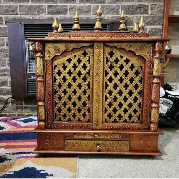 Wooden Temple Mandir – Copper and Gold Handcrafted Mandir with Bells | Elegant Pooja Ghar for Worship & Home Décor
