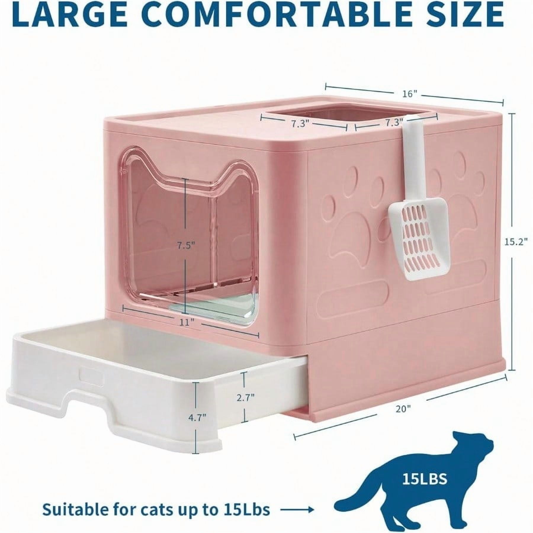Cat Litter Box with Litter Mat and Scoop Large Foldable Litter Box with Lid Front Entry Top Exit Kitty Box Odor Control Easy to Clean Pink