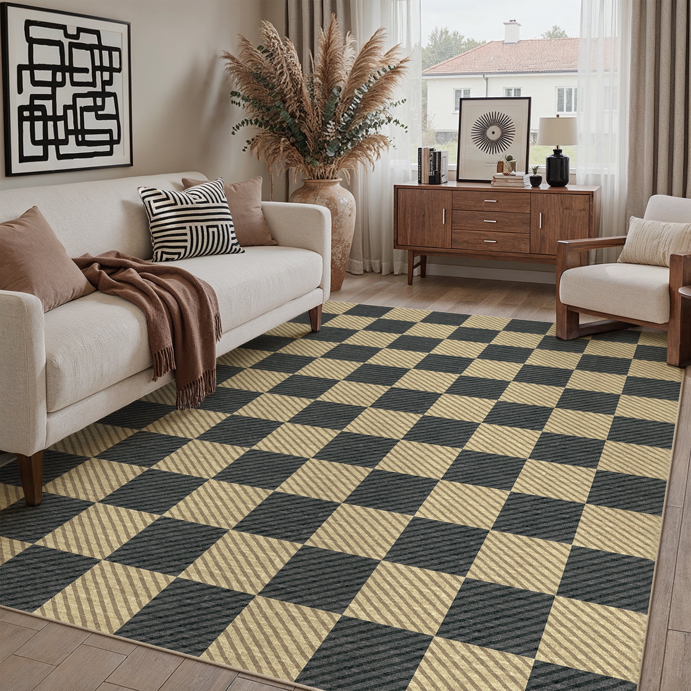 WIPONKEN 5'x7' Area Rugs for Living Room Modern Checkered Black and Brown Rugs for Bedroom Kitchen Non Slip Washable Geometric Contemporary Carpets for Home Office Dining Room Throw Rugs