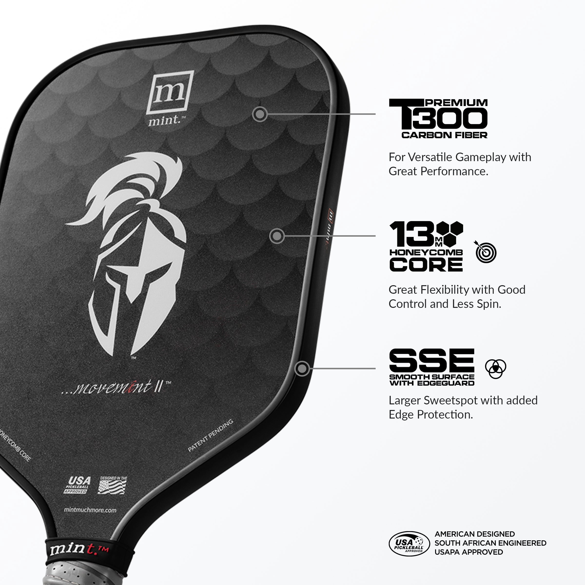 Mint Sport T300 Carbon Fiber Pickleball Paddle – 13mm Polypropylene Core for Power & Control – Cold Pressed Midweight Paddle with Smooth Surface & TPE Edge Guard – USAPA Approved for All Skill Levels