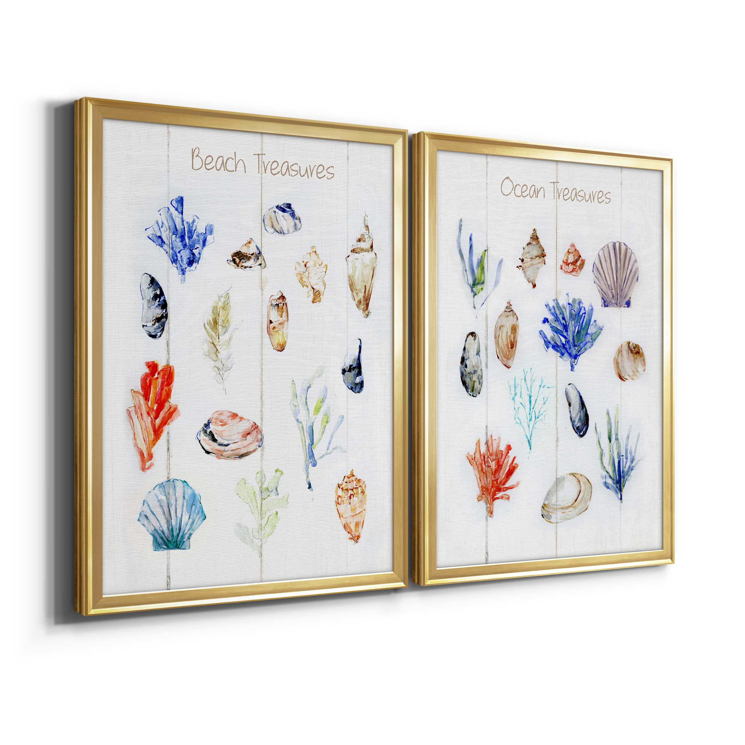 2 Piece Set Beach Treasures Premium Framed Canvas - Ready to Hang - 18.5 x 24.5 Each - Gold Frame