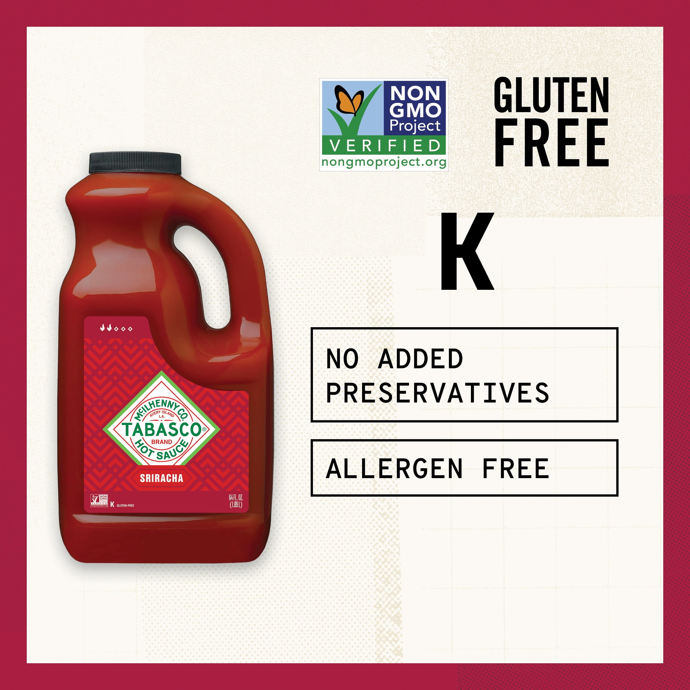 Tabasco Sriracha Sauce, 64 fl. oz Regular Half Gallon Jug, Gluten Free
