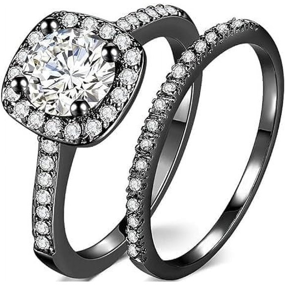 Bridal Set Halo Women's Engagement Wedding Band Ring Round Cut White Diamond 14K Black Gold Finish 925 Sterling Silver