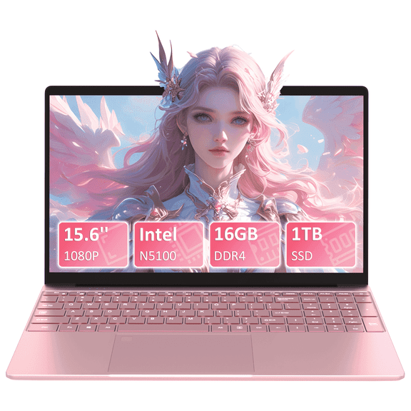 Pryloxen 15.6" Student & Business Laptop, Intel Celeron N5100, 16GB RAM 1TB SSD, Windows 11 Pro, Backlit Keyboard, Fingerprint Unlock, Pink