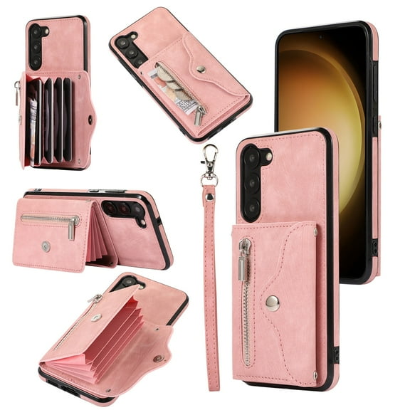 for Samsung S23 FE Case with Zipper Card Holders and Crossbody Strap & Short Belt for Women, RFID Blocking PU Leather Button Flip Shockproof Wallet Case Cover for Galaxy S23 FE - Rosegold