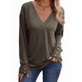 thumbnail image 3 of Long Sleeve Shirt for Women Fall Outfits Dressy Casual Fashion Clothing V Neck Tunic Tops with Button Green S, 3 of 8