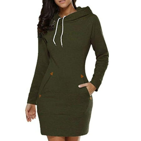Women Long Sleeve Slim Hooded Pullover Zipper Tunic Sweatshirt Dress Hoodie with Pockets