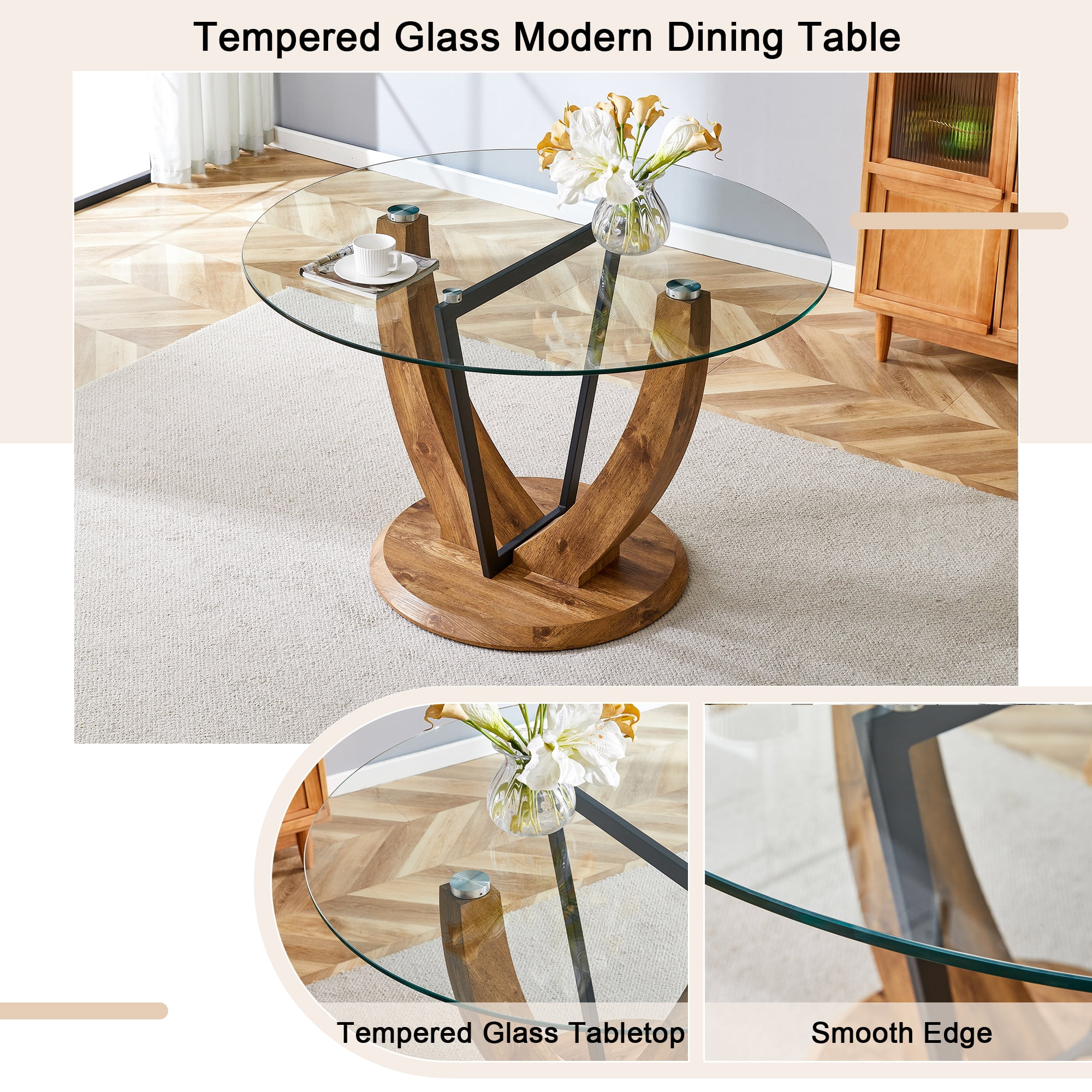 Table de salle à manger ronde Noble House 122 cm, plateau en verre trempé 1 cm d'épaisseur, transparent et bois