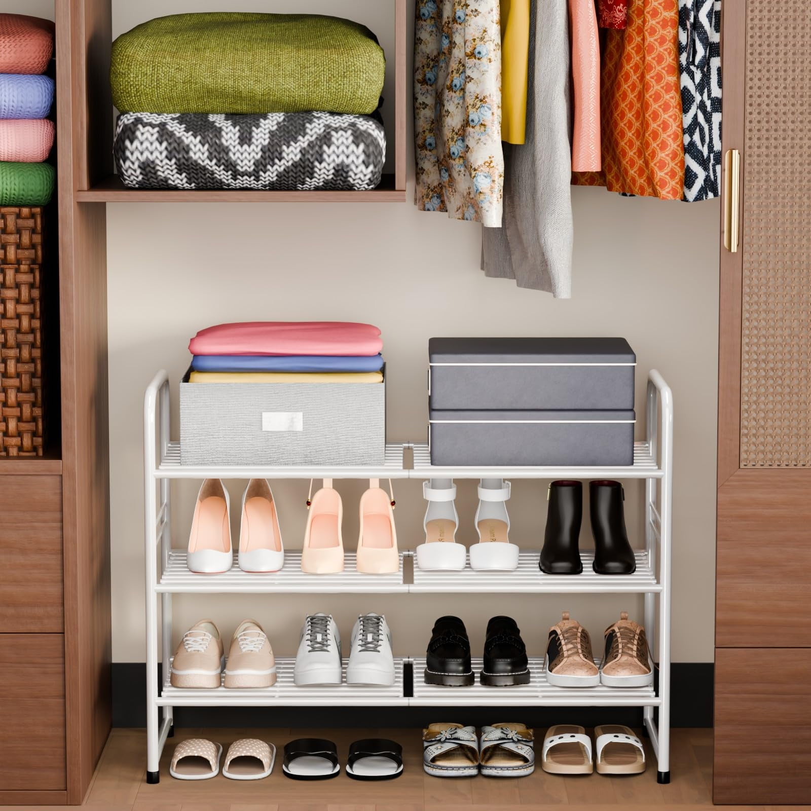 3-Tier Metal Shoes Rack for Closet, 33" Wide Shoe Storage Organizer,  White