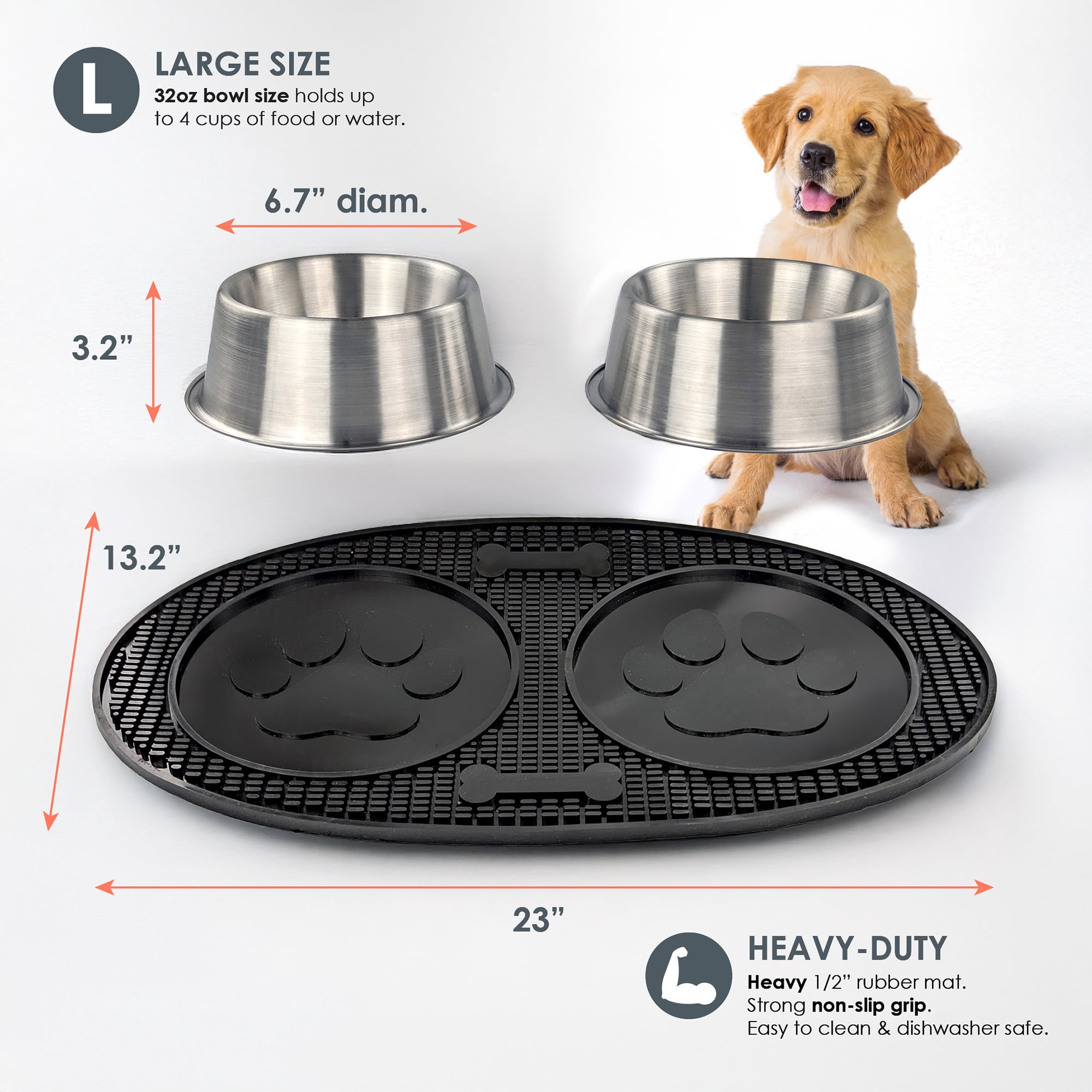 BREKX Metal Dog Bowls Set with Spill Mat for Dogs