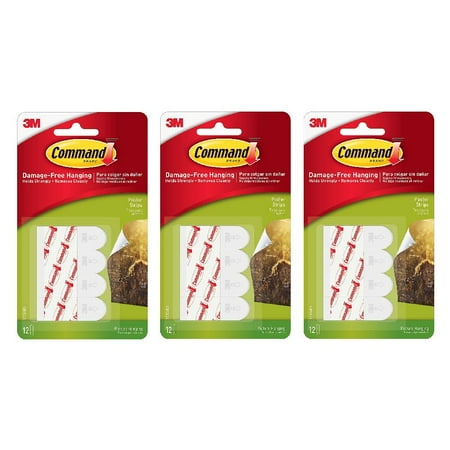 Command Poster Strips Hanging Strips 3M 17024 Damage Free Strong Hold 12 Count White, 3-Pack