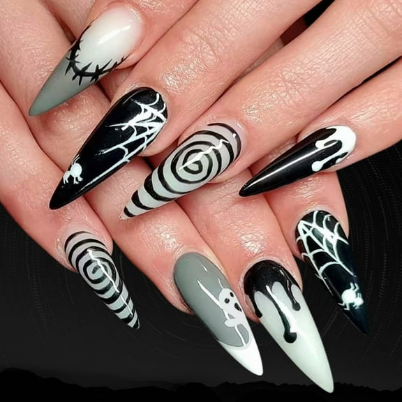 Yoyauz 24PCS Long Pointed Nails, Fake Nails, Black And Gray Halloween Elements Design, Charming Acrylic Nails, Halloween Suitable For Girls And Women