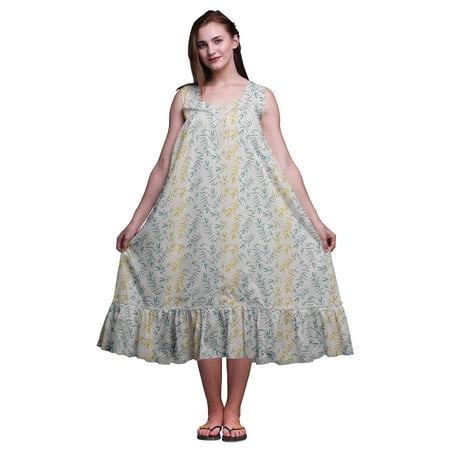 

Bimba Light Gray2 Leaves Flower Cotton Nightgowns For Women Mid-Calf Printed Sleepwear Night Dress Large