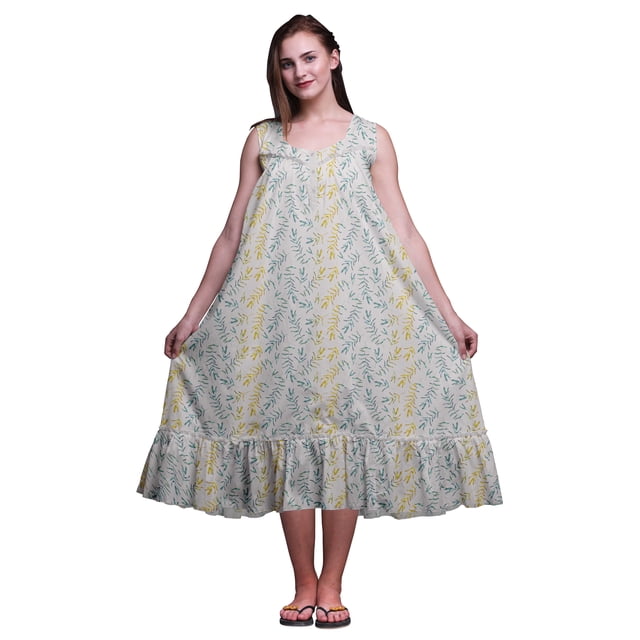 Bimba Chemises de Nuit en Coton Gris Pâle à 2 Feuilles et Fleurs Imprimées pour Femmes, Robe Sans Manches, Tenue de Nuit, Robe Maxi, Petit