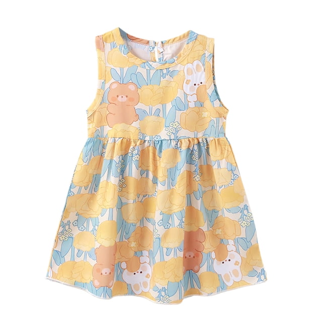hengsof Robe Mignonne Imprimée Sans Manches pour Filles Été Coton Décontractée Col Rond Débardeur Confortable Polyvalente Robe pour Enfants
