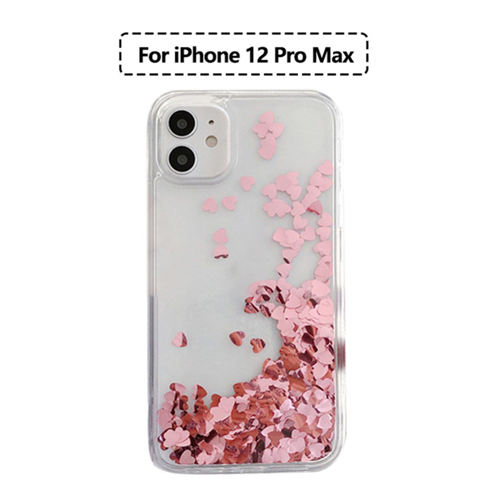 iPhone 12 iPhone 12 Pro 6.1 Pink Glitter Waterfall Liquid Floating Hearts  Case