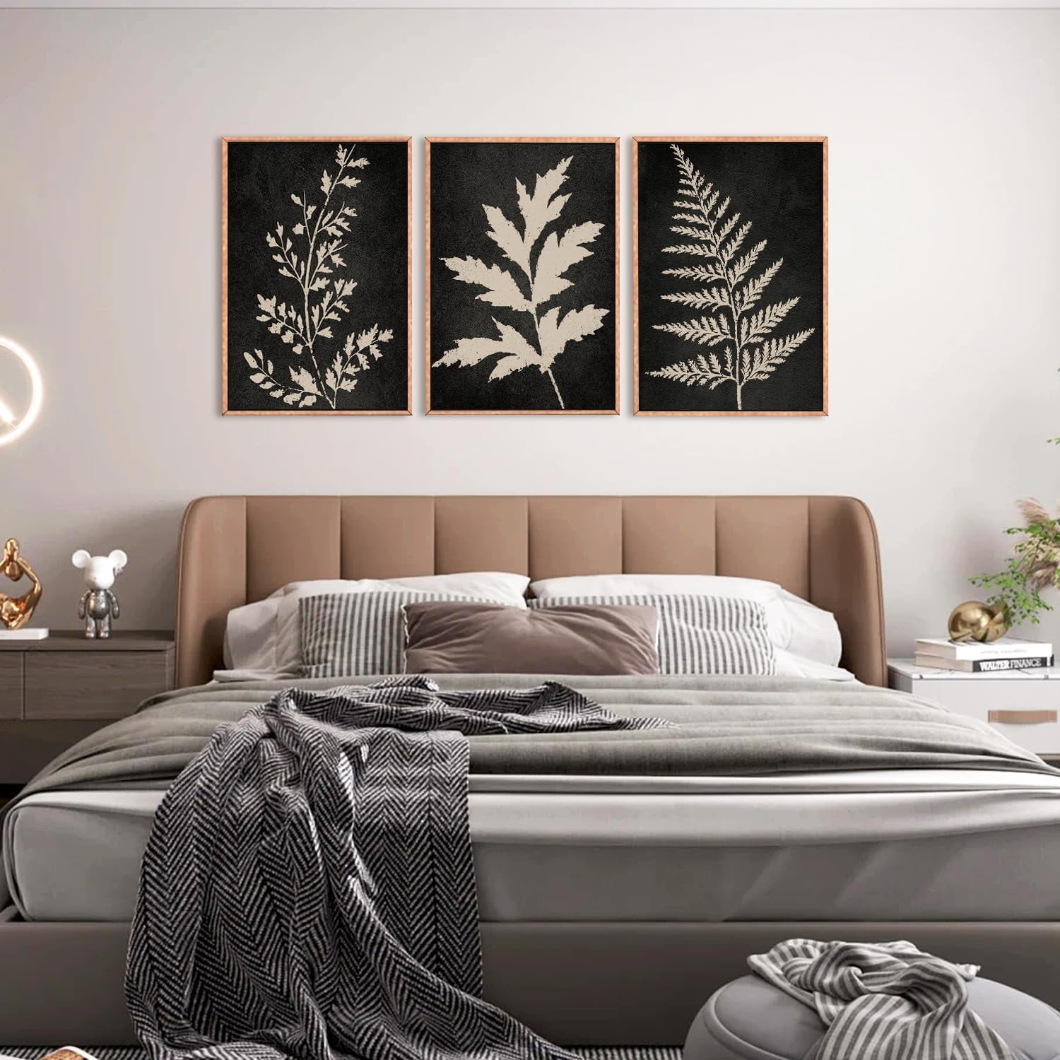 Black Tan Fern Leaf Framed Canvas Wall Art Set, Minimalist Botanical Wall Decor, Nature Fern Plant Silhouette Wall Painting, Modern Art Print for Living Room, Bedroom, Office 16"x24"x3