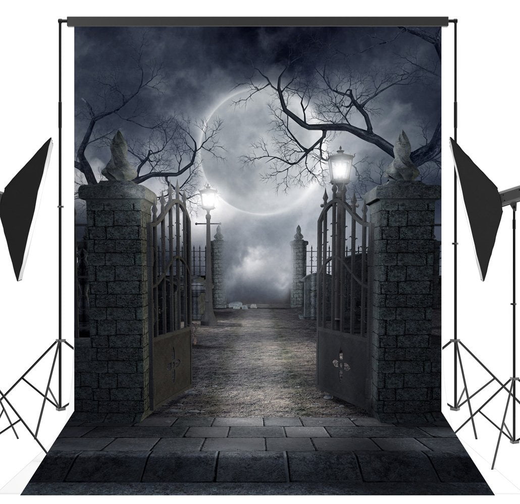 LB 5x3ft Halloween Backdrop Pumpkin Moonlight Starry Black Bat Withered Tree Horror Photography Background Supplies Banner Decorations Photo Booth Shoot Props