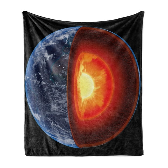 Earth Soft Flannel Fleece Throw Blanket, Hot Burning Earth Core Structure with Geological Vibrant 3D Style Image, Cozy Plush for Indoor and Outdoor Use, 50" x 60", Orange Black Blue, by Ambesonne