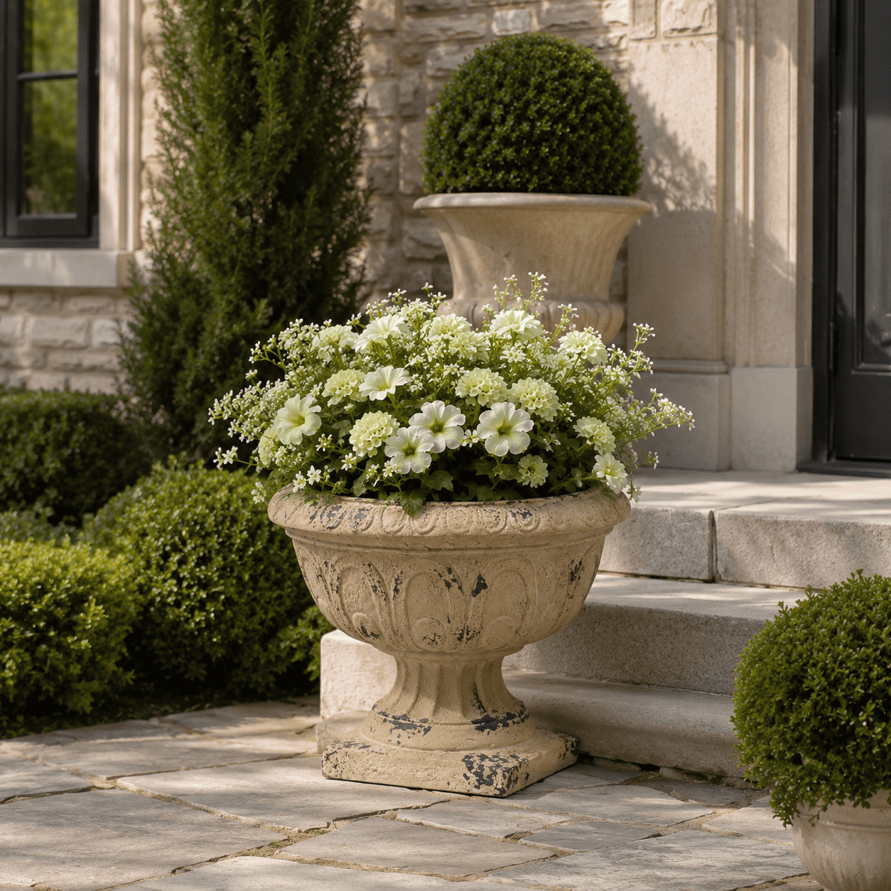 Aukfa Large MGO Garden Urn Planter, Outdoor Tall Decorative Stone-Look Flower Pot with Drainage Hole & Weather-Resistant, White