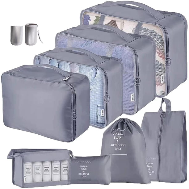 Minnieouse Juego de bolsas de almacenamiento de 9 uds, organizadores de ropa multifuncionales, ropa interior grande, neceser para cosméticos, Maleta de Envolturas para manijas de equipaje Gris Minnieouse AP012163-01