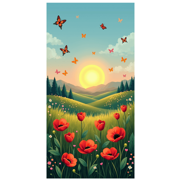 Bannière de Fond de Jardin Nature Coucher de Soleil avec Fleurs et Papillons Colorés pour Fêtes Mariages Événements Photographie Décoration Maison