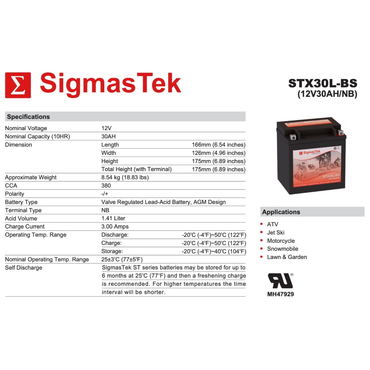 Deka ETX30L Battery Replacement STX20L-BS 12V 30AH 380 CCA Spillproof Maintenance Free