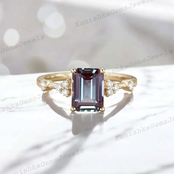 KANISHKAGEMS&JEWELS 1.5Ct 8x6mm / Emerald Cut Alexandrite Promise Ring CZ Diamond Proposal Ring New Year Gift Ring