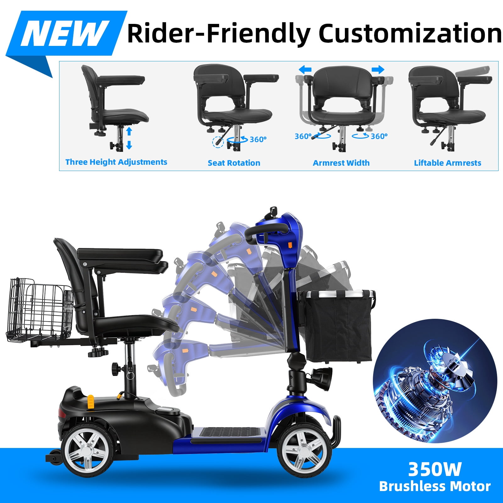 Mbxcooter 15/30 Miles Mobility Scooter,4-Wheel Mobility Scooter for Adults,Seniors,350W Electric Powered Wheelchair Device,Compact Duty Mobile for Travel with Dual Baskets, Rotating Seat