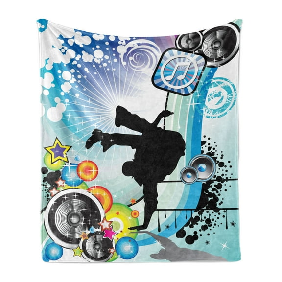 Urban Graffiti Soft Flannel Fleece Throw Blanket, Silhouette of Break Dance Performer Loudspeakers Concentric Stars Dots, Cozy Plush for Indoor and Outdoor Use, 70" x 90", Multicolor, by Ambesonne
