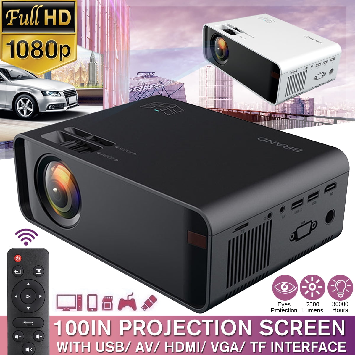 1080P 4K HD Home Projector /AV/USB/SD/VGA Support Dolby Sound 2300