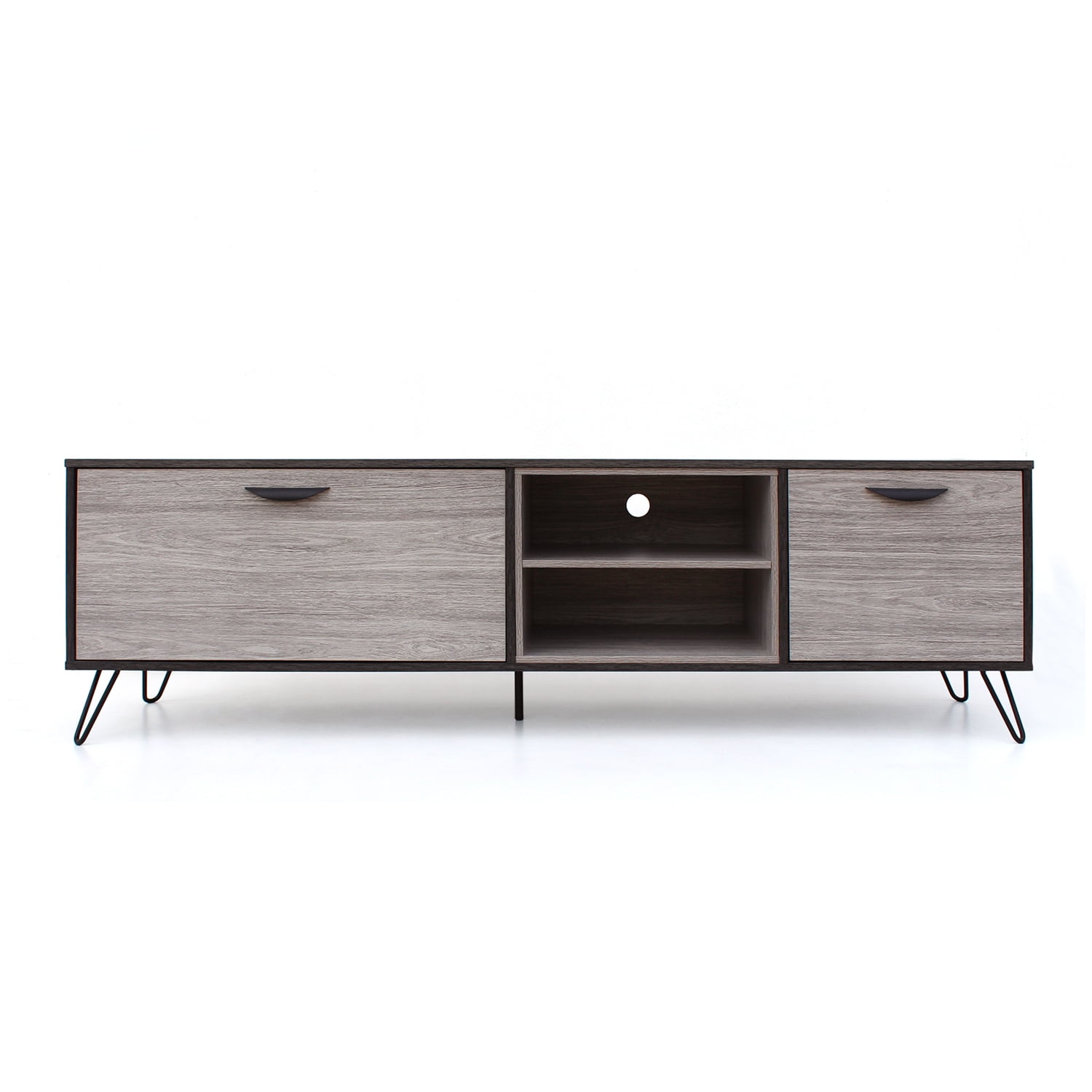 Kadyn Mid Century TV Stand Console, Fiberboard TV Console for TV up to 79 Inch, Modern TV Cabinet with 2 Cabinets & Shelves, Plaid Grey Oak