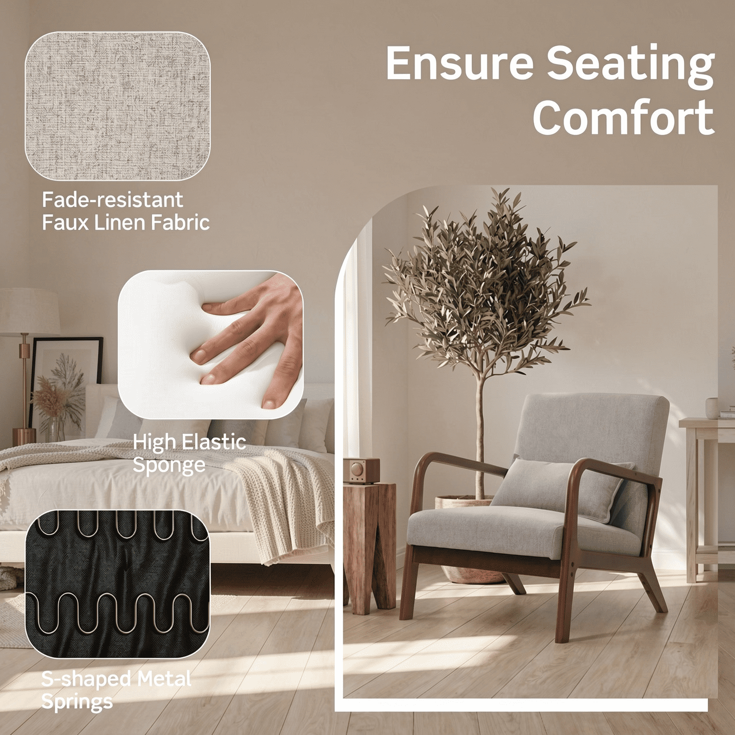 Furnibear Modern Accent Chair with Rubber Wood Frame and Lumbar Pillow, 330 lbs Capacity, Beige - for Living Room, Bedroom and Home Office