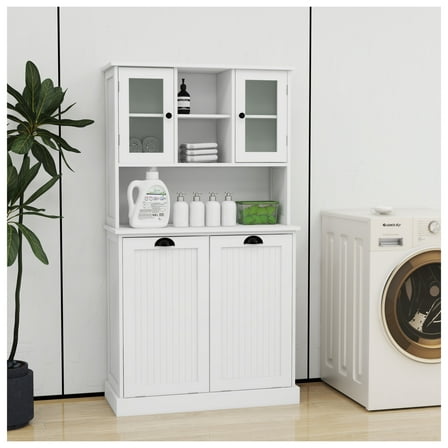 Laundry Sorter Cabinet, Tall Bathroom Storage with Tilt-Out Hamper - White