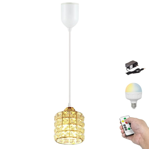 Kiven Battery Operated Pendant Light with Remote,1-Light Rechargeable Hanging Pendant Light Adjustable Height with Crystal Lampshade for Bedroom Kitchen Home Decor Gold TB2990