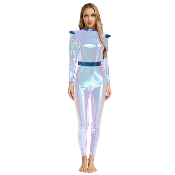 Moggemol Womens Shiny Metallic Alien Jumpsuit Astronaut Cap Sleeves Robot Outfits Shiny Silver 3XL