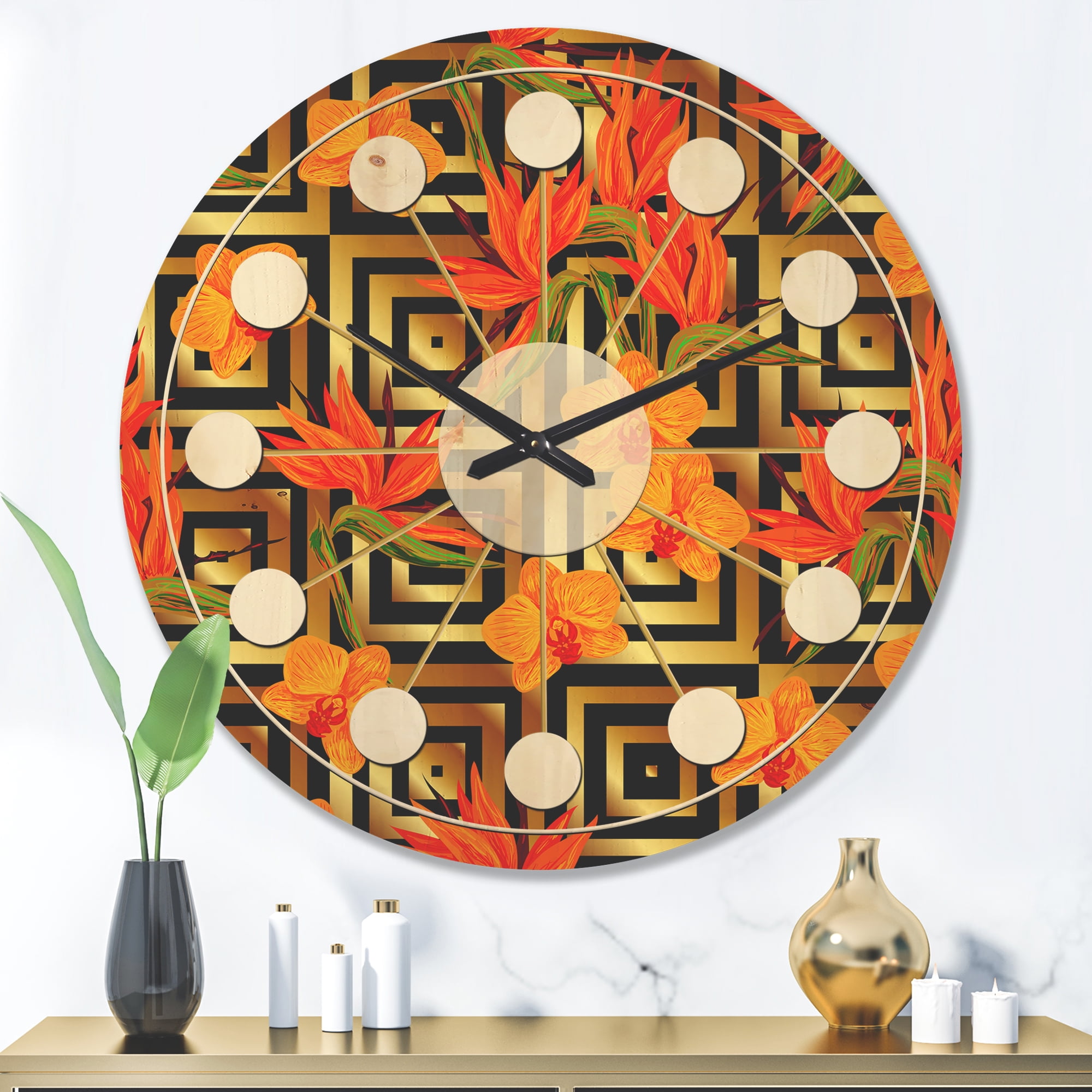 Designart 'Tropical Luxury Gold Pattern II' Mid-Century Modern Wood Wall Clock