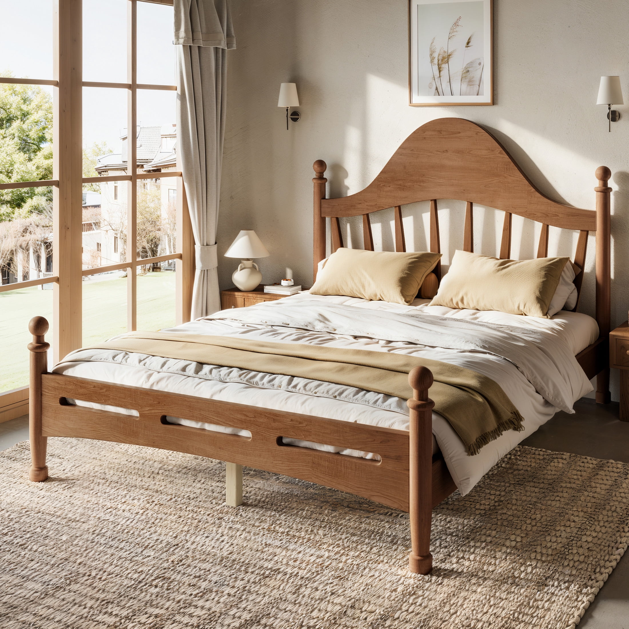 GDF Studio Full Size Platform Bed with Curved Headboard, Solid Pine Frame, Slatted Support, Antique Brown